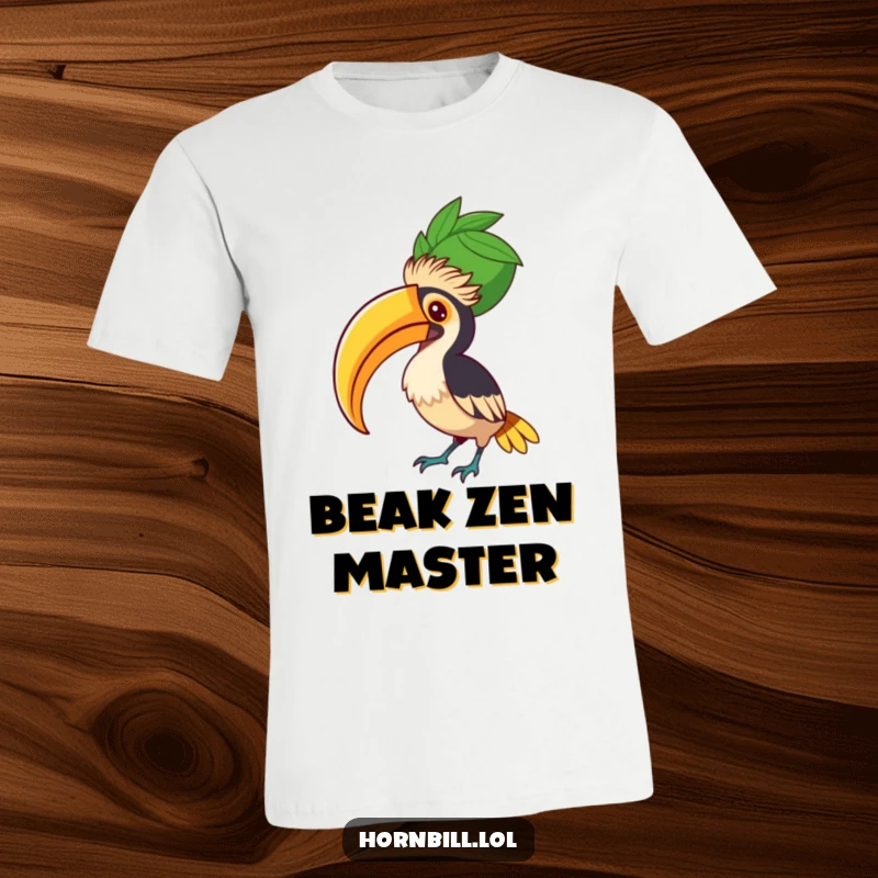 Funny Hornbill Fruit Balancer T-Shirt, depicting a focused bird trying its best to balance an oversized fruit on its beak.