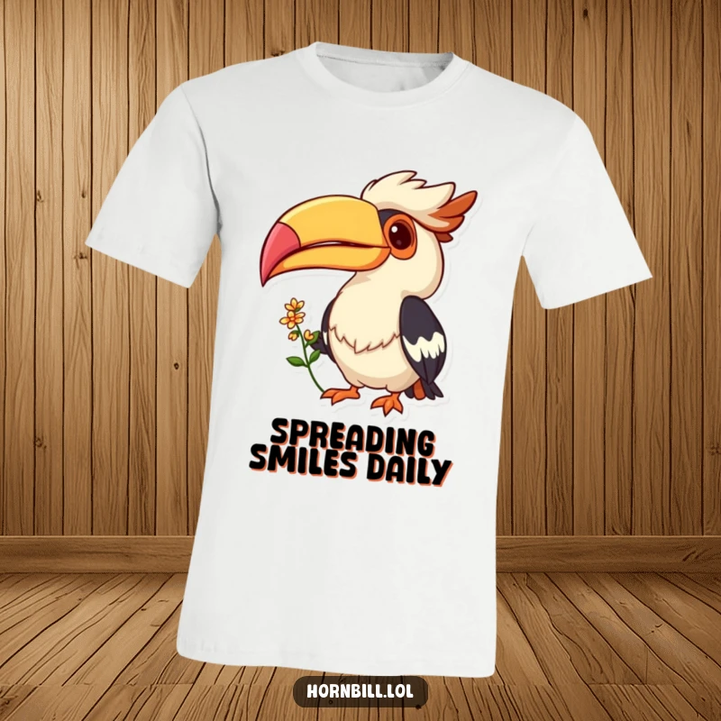 Funny t-shirt graphic of a happy Hornbill bird with a big grin, offering a small flower with its beak, looking friendly and bright.