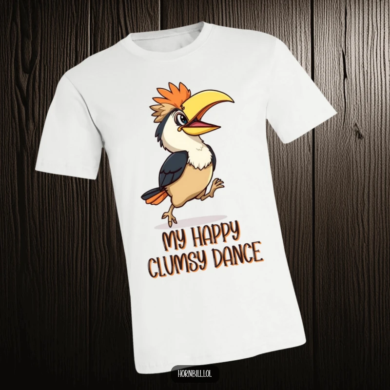 Funny Hornbill T-Shirt: Clumsy but happy hornbill character hopping playfully, funny and cheerful design, great gift.