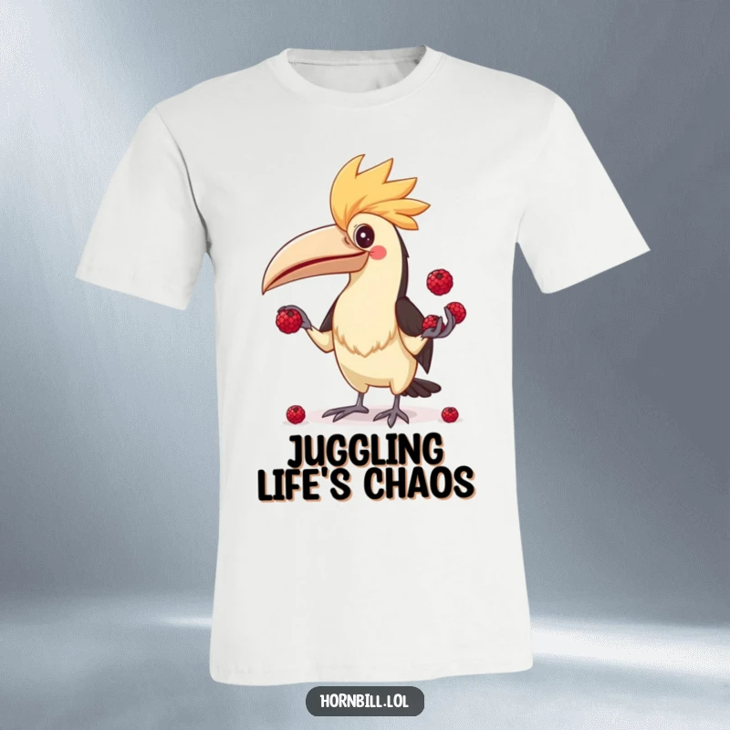 Funny Hornbill Juggler T-Shirt, depicting a comical bird with wide eyes, struggling to juggle multiple small berries airborne.