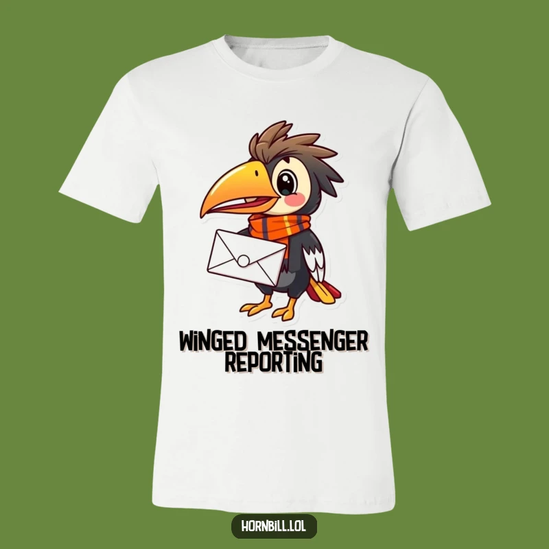 Funny Hornbill Mail Carrier T-Shirt - Cheerful Bird, Vibrant Scarf, Perfect Funny Gift