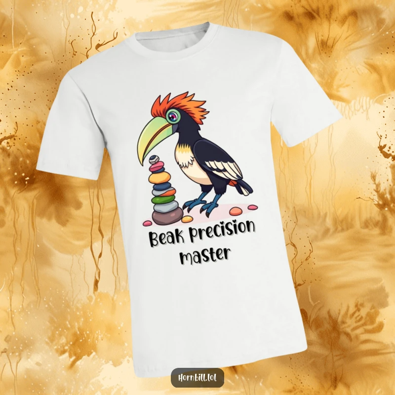 Funny t-shirt showcasing a cute hornbill bird with wings slightly spread, concentrating hard on balancing a wobbly stack of colorful pebbles on its beak.