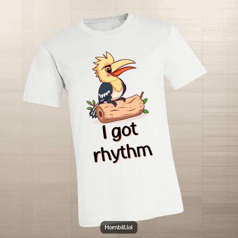 Funny T-Shirt: A happy hornbill bird joyfully pecking a hollow log in a rhythmic musical beat, full of expression.