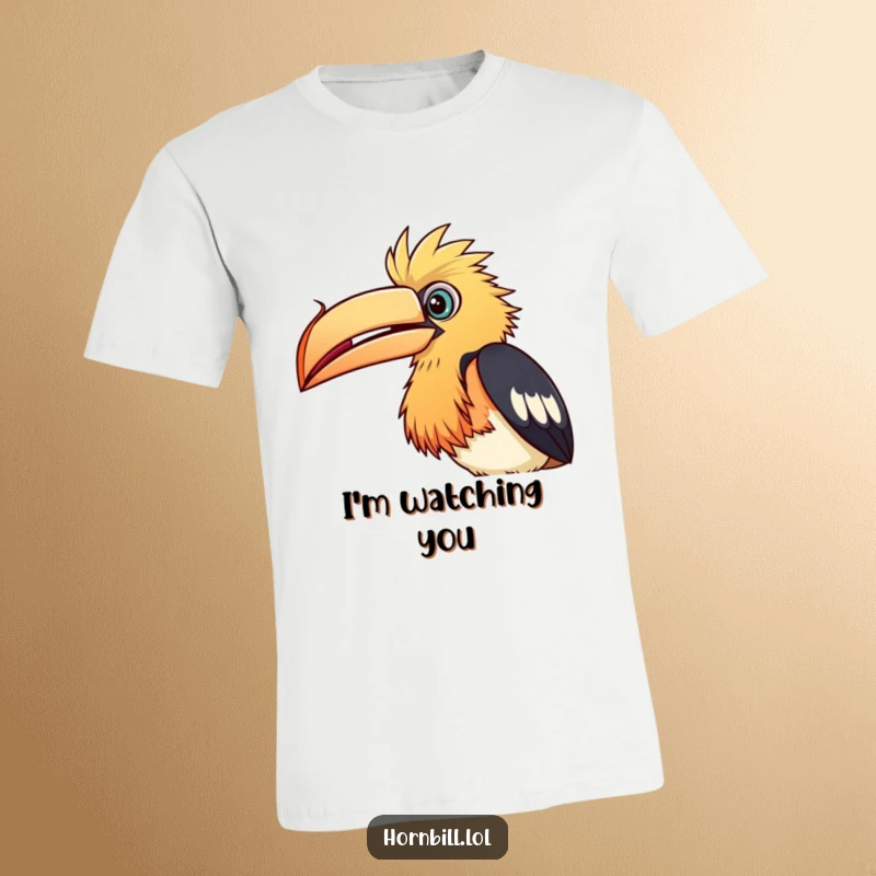 Funny T-Shirt: A curious hornbill bird tilting its head to closely examine a floating seed, highlighting its focus.