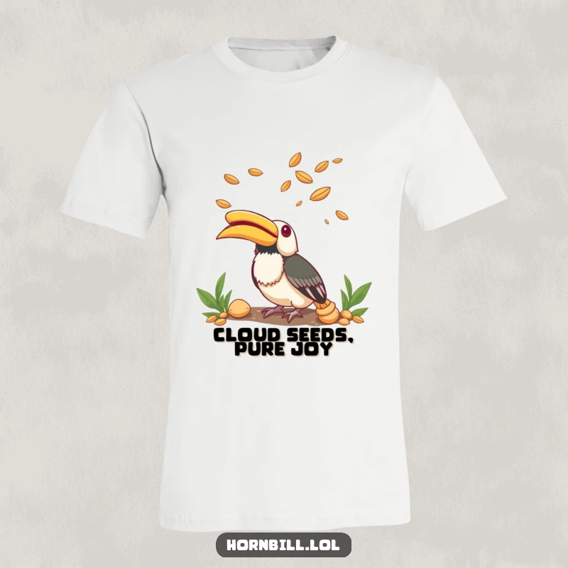 Funny T-Shirt of a small hornbill gazing upwards, its expression filled with wonder at the sight of flying seeds.