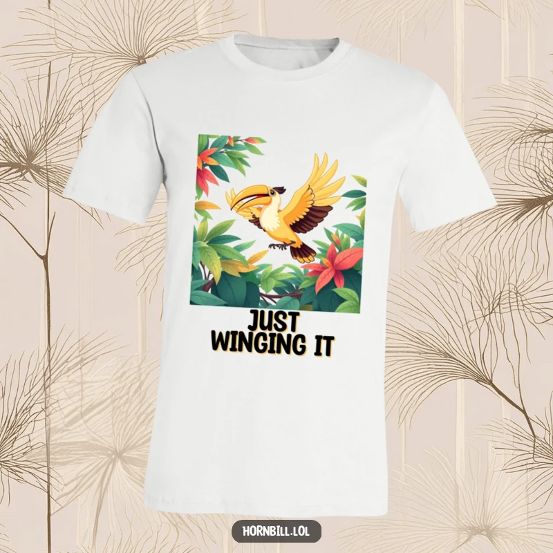 Funny t-shirt featuring a happy hornbill bird captured mid-flight, wings fully extended, soaring gracefully through a dense, vibrant green leafy canopy.