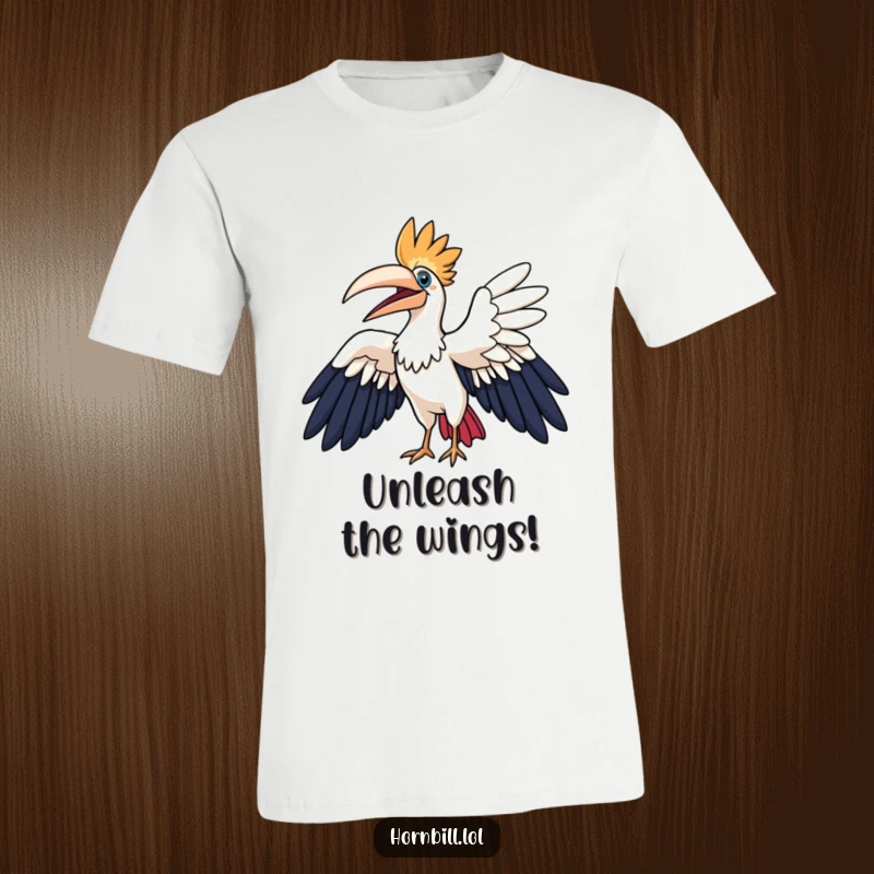 Funny hornbill t-shirt, a hornbill character joyfully flapping its large wings in a wide arc, symbolizing freedom and exuberance.