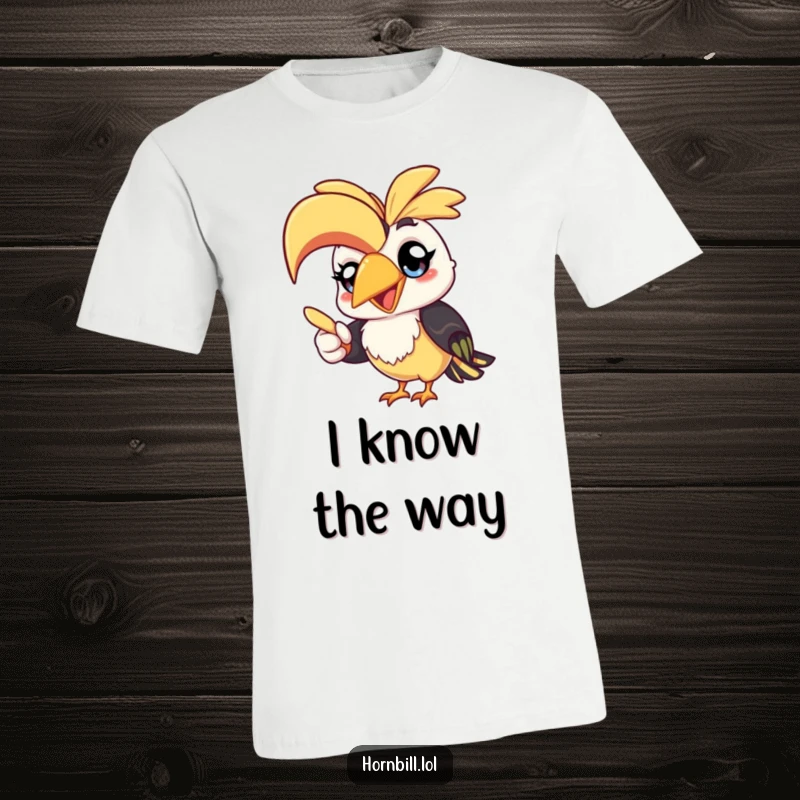 Funny kawaii hornbill t-shirt with a cheerful expression, humorously pointing with its beak, perfect for bird enthusiasts gift.