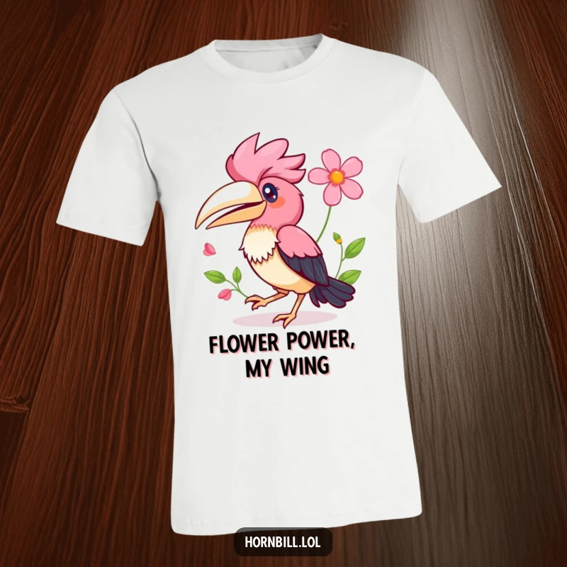 Funny Kawaii Hornbill T-Shirt featuring a happy bird doing a little hop, holding a flower in its wing.