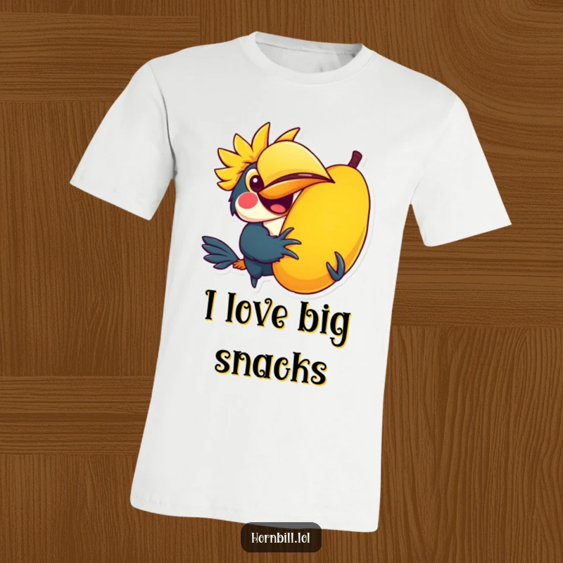 Funny t-shirt showing a kawaii hornbill joyfully holding a giant colorful fruit, a unique and fun design, great gift.