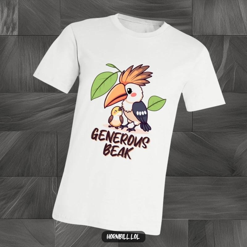 Funny Kawaii Hornbill Sharing T-Shirt: A cute cartoon hornbill sharing a piece of fruit with a smaller bird, symbolizing kindness.