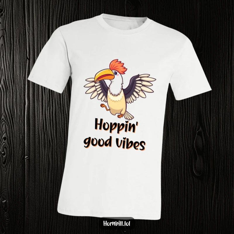 Funny Hornbill Hop T-Shirt: A dynamic illustration of a bird spreading its wings wide and doing a small, joyous hop.