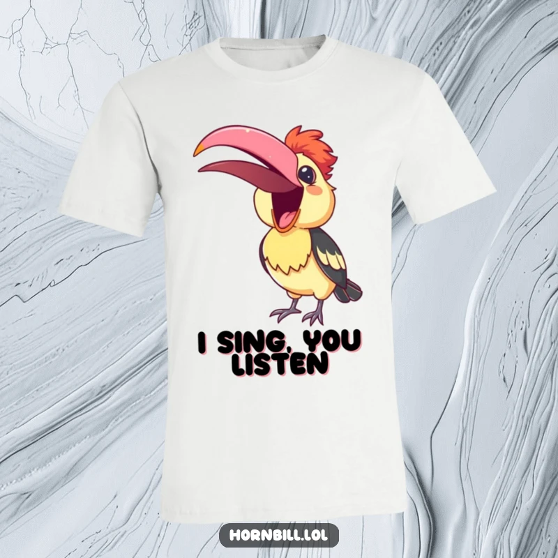 Funny T-Shirt showcasing a cute hornbill with its beak open, belting out a cheerful tune, radiating pure joy.