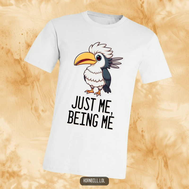 Funny hornbill t-shirt depicting a bird puffing out its chest dramatically, adorned with a comical, proud expression and puffed-up look.