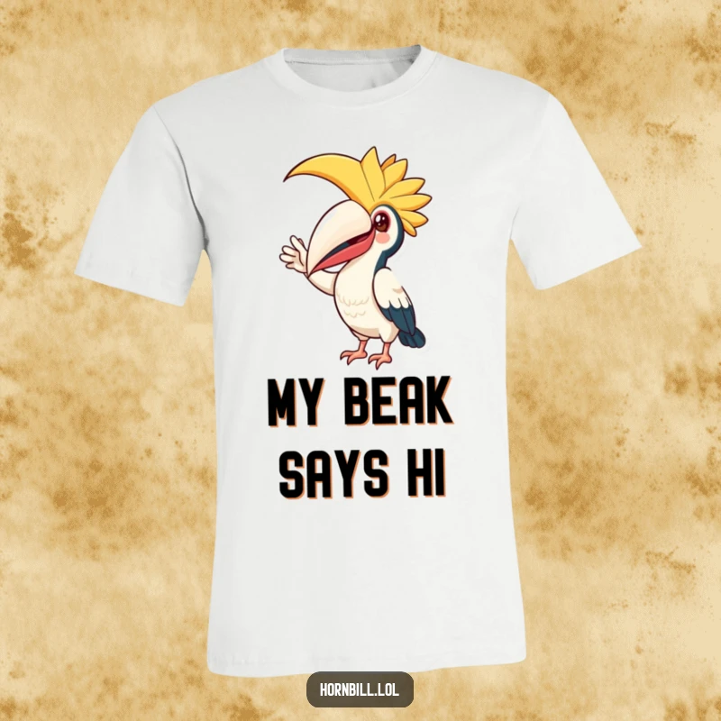 Funny T-Shirt: Joyful hornbill bird with a big casque performing a friendly, welcoming wave, embodying pure happiness.