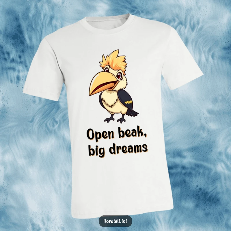 Smiling hornbill t-shirt, beak wide open, poised to chirp, showcasing cheerful and funny avian enthusiasm.