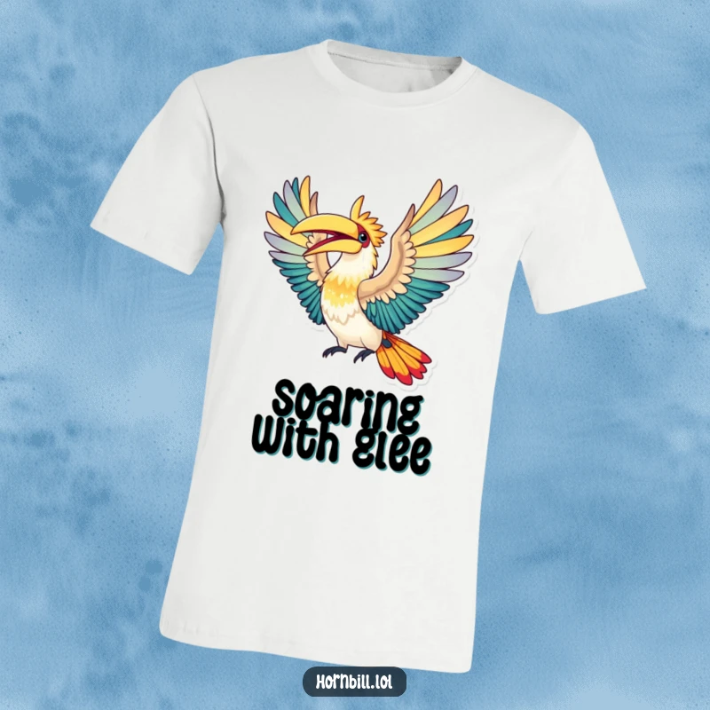 Funny T-Shirt: A hornbill bird in mid-flight, its colorful wings spread wide in an expression of pure, unadulterated elation.