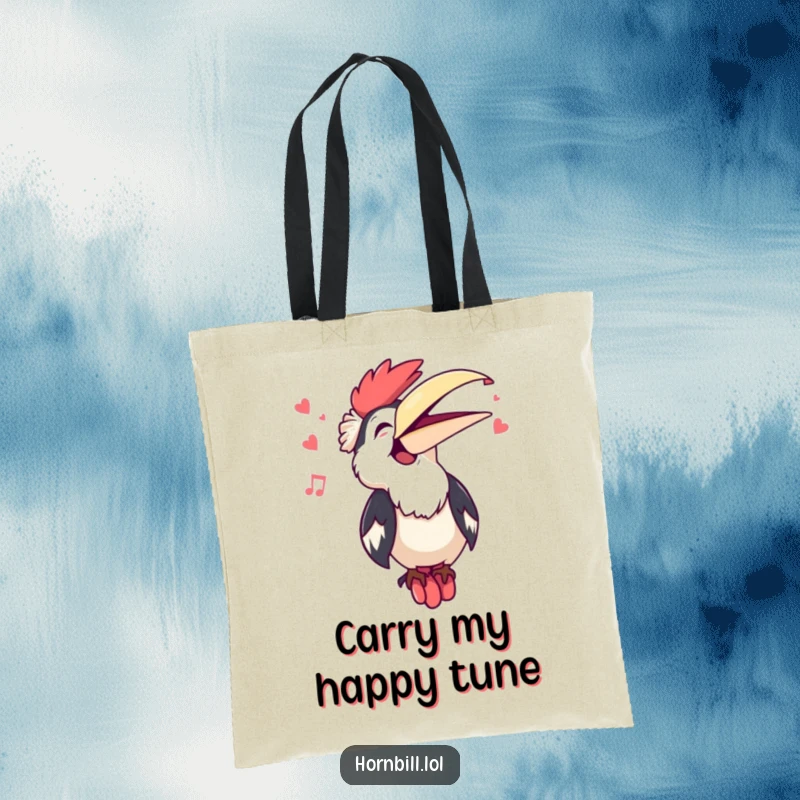 Funny Kawaii Hornbill Singing Tote Bag: A cute hornbill sings with its beak open, making it a musical and funny accessory.