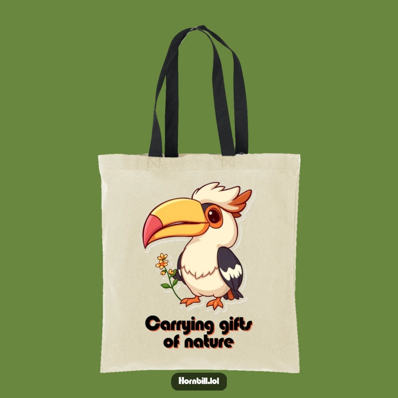 Funny Hornbill Grin Tote Bag: Flower Offering Bird, Gift
