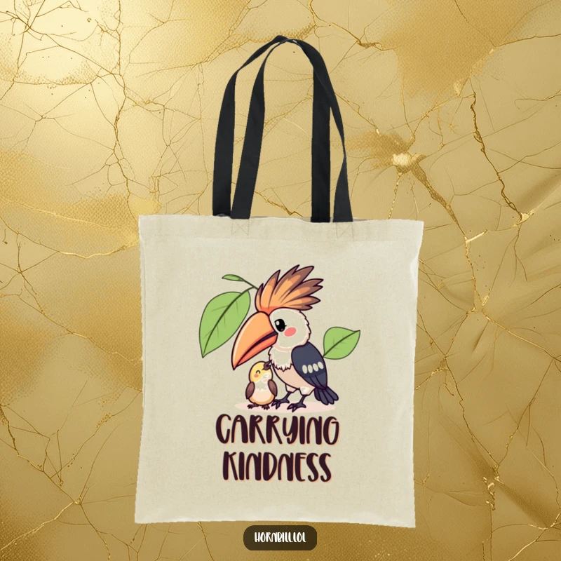Funny Kawaii Hornbill Tote Bag: A charming tote bag illustrating a kawaii hornbill sharing fruit, promoting kindness and friendship.