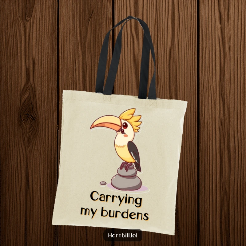 Funny tote bag with a kawaii hornbill character attempting to balance a stack of small pebbles, perfect for shopping or errands.