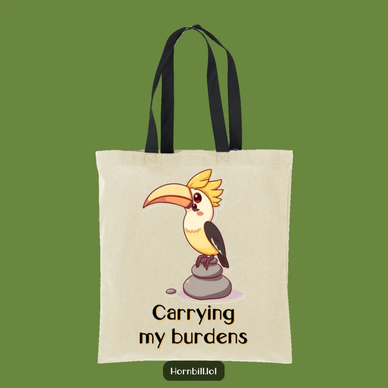 Funny Tote Bag: Hornbill's Pebble Stack for Carrying Life's Burdens (Lightly)