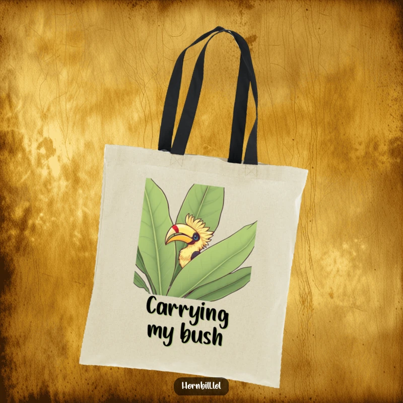 Funny Tote Bag: Hornbill peeking its head out from behind a large green leafy bush, conveying a sense of discovery.