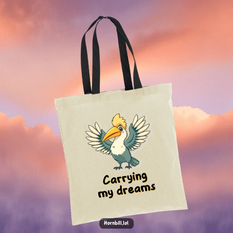 Funny Hornbill Tote Bag: A hornbill character stretching its wings wide with a triumphant flourish, a perfect funny gift.