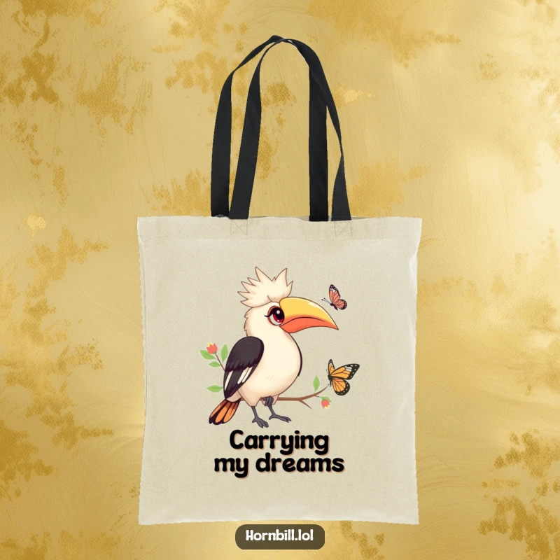 Funny Hornbill Tote Bag: Hornbill with bright eyes watching butterfly, cute and practical, funny gift.