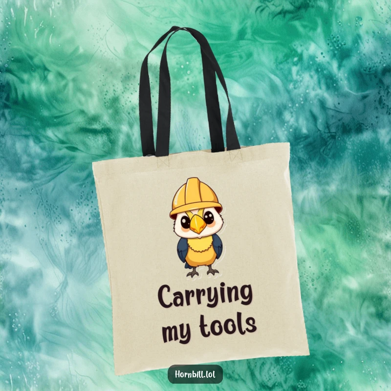 Funny Tote Bag: Hornbill wearing a tiny construction helmet, looking determined and ready to carry out important tasks.