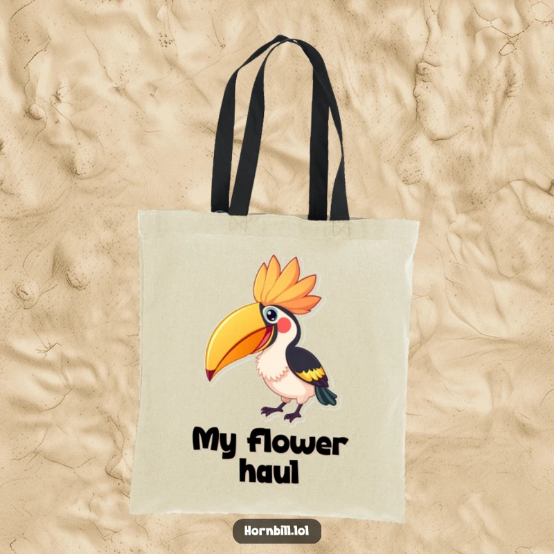 Funny Hornbill Flower Peck Tote Bag, featuring an excited hornbill enthusiastically pecking at a large, vibrant flower.