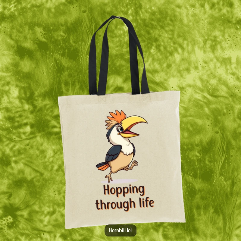 Funny Hornbill Tote Bag: Adorable hornbill character doing a happy clumsy hop, practical and funny design, great funny gift.