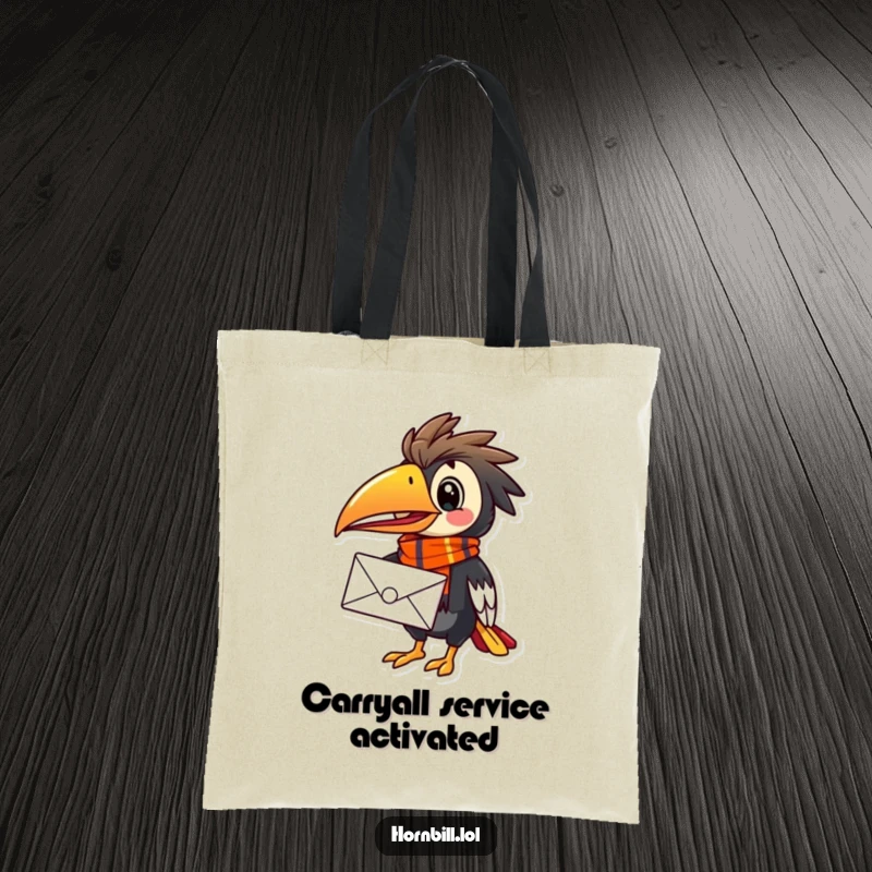 Funny Hornbill Mail Carrier Tote Bag, featuring a happy bird with a colorful scarf, delivering a letter with pride.