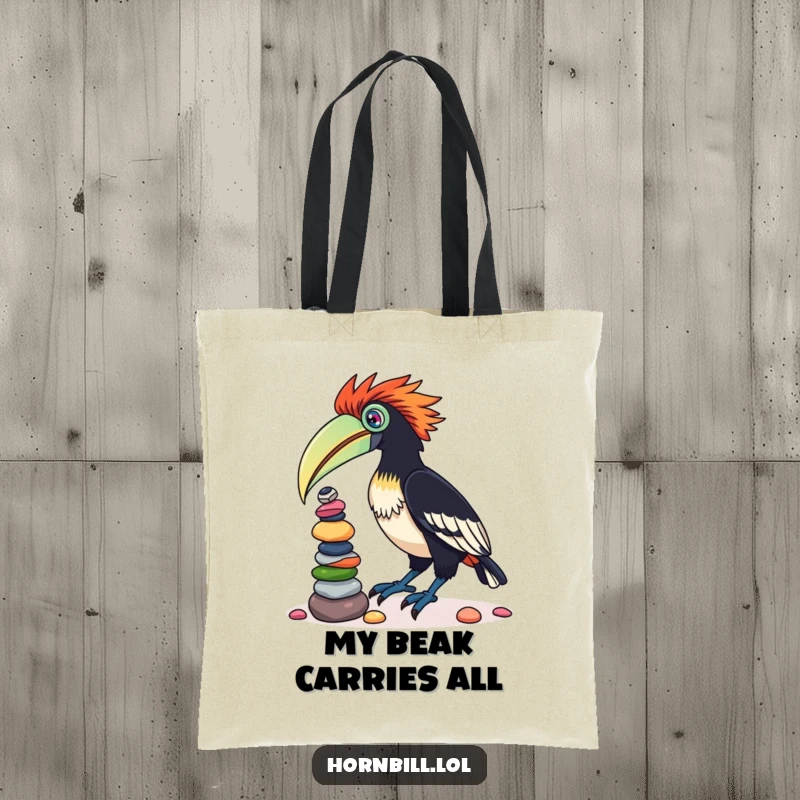 Funny tote bag featuring a cute hornbill bird focused on balancing a stack of colorful pebbles on its beak, ready for errands.