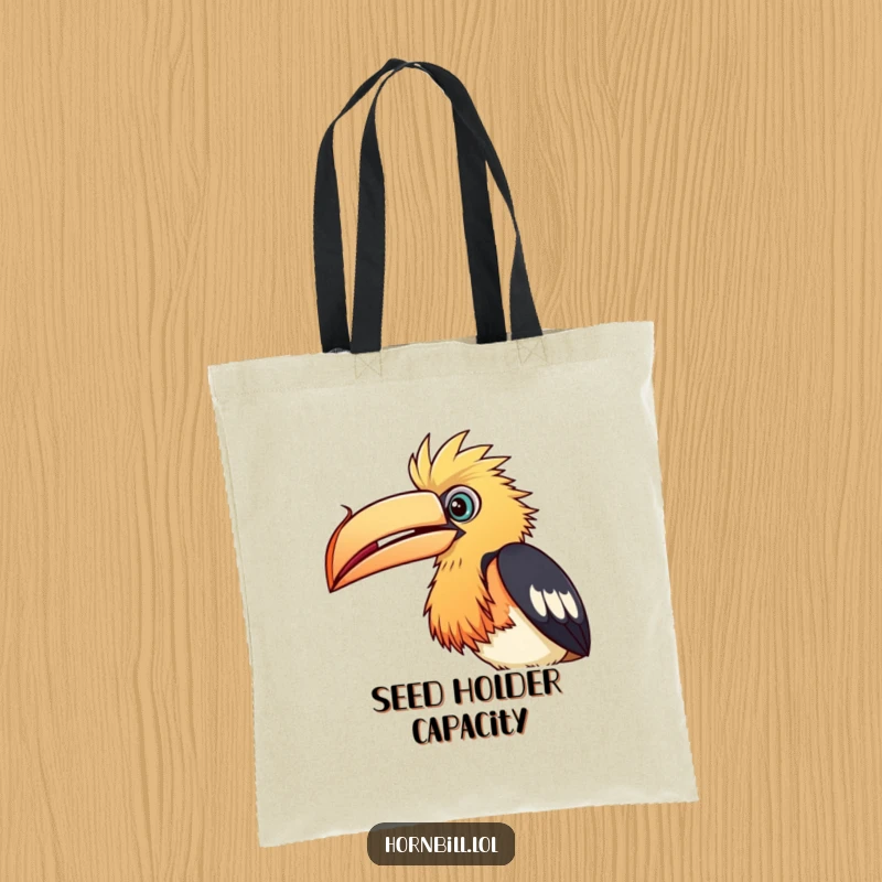 Funny Tote Bag: A hornbill bird tilting its head to peer intently at a small seed, ideal for carrying treasures.