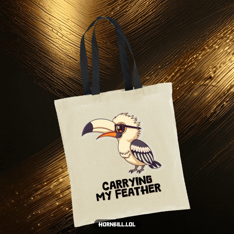 Funny hornbill wearing tiny spectacles, intently examining a large feather, depicted on a durable and stylish tote bag.