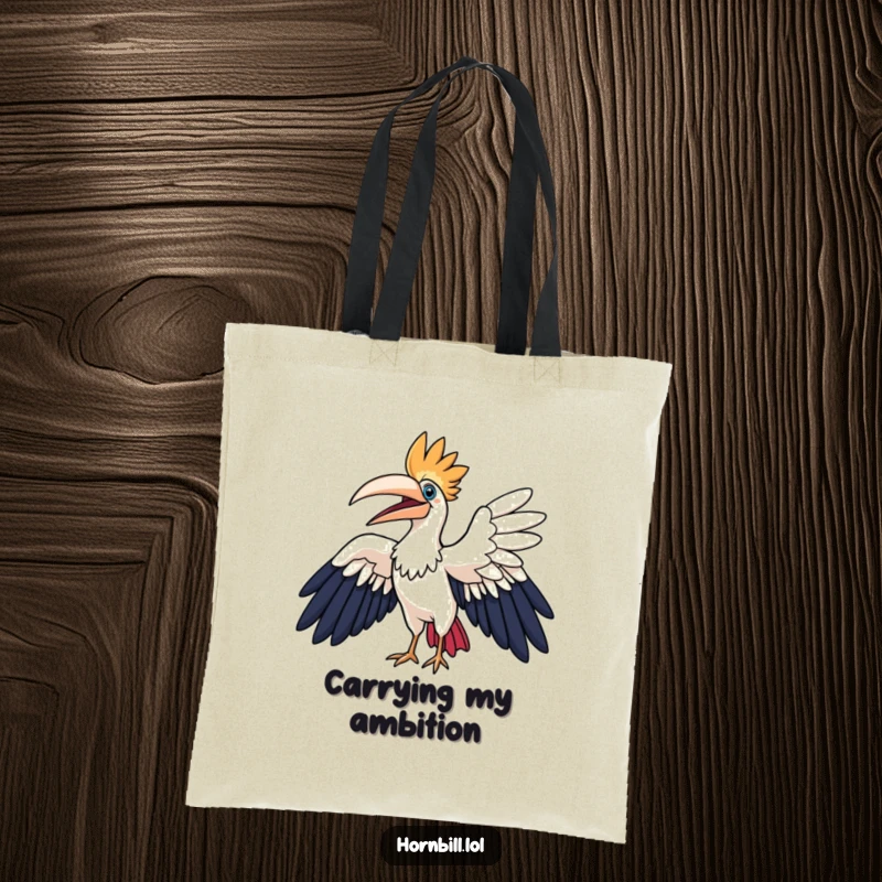 Funny hornbill tote bag, a hornbill character happily flapping its large wings in a wide arc, perfect for carrying daily essentials.
