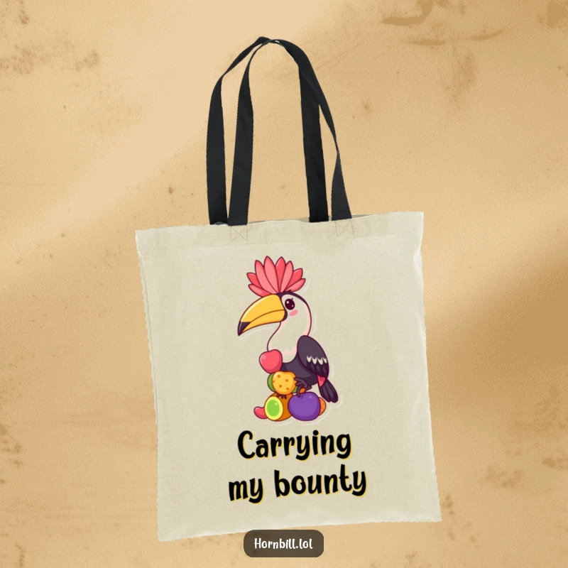 Funny hornbill tote bag, a kawaii bird character balancing colorful fruits, perfect for shopping and daily errands.