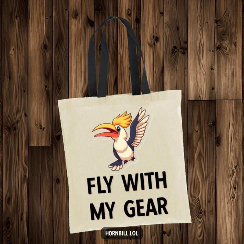 Funny kawaii hornbill looking excited, about to take flight, printed on a durable and stylish tote bag.