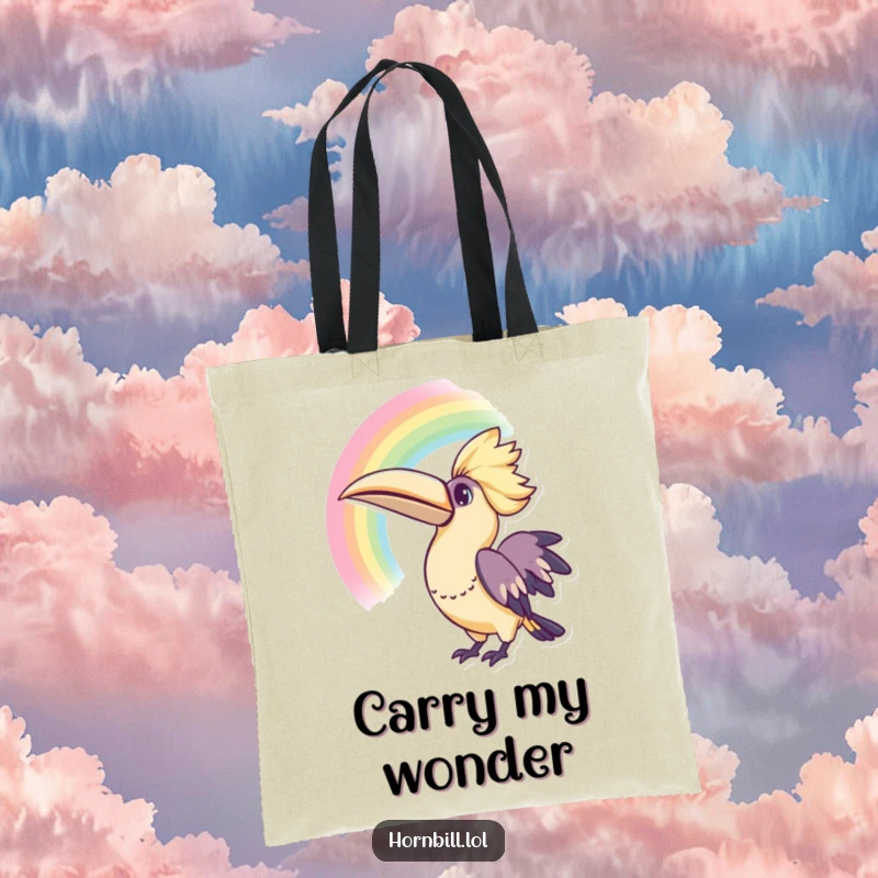 Funny Kawaii Hornbill Rainbow Tote Bag: A charming tote bag featuring a hornbill looking at a rainbow, perfect for carrying wonders.