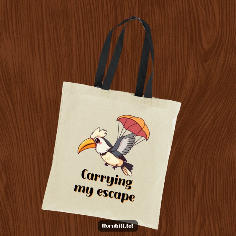 Funny Kawaii Hornbill Tote Bag featuring a happy bird gliding through the air with a tiny leaf parachute, perfect for travel.