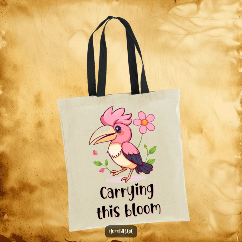 Funny Kawaii Hornbill Tote Bag featuring a happy bird hopping with a flower, perfect for cheerful carrying.