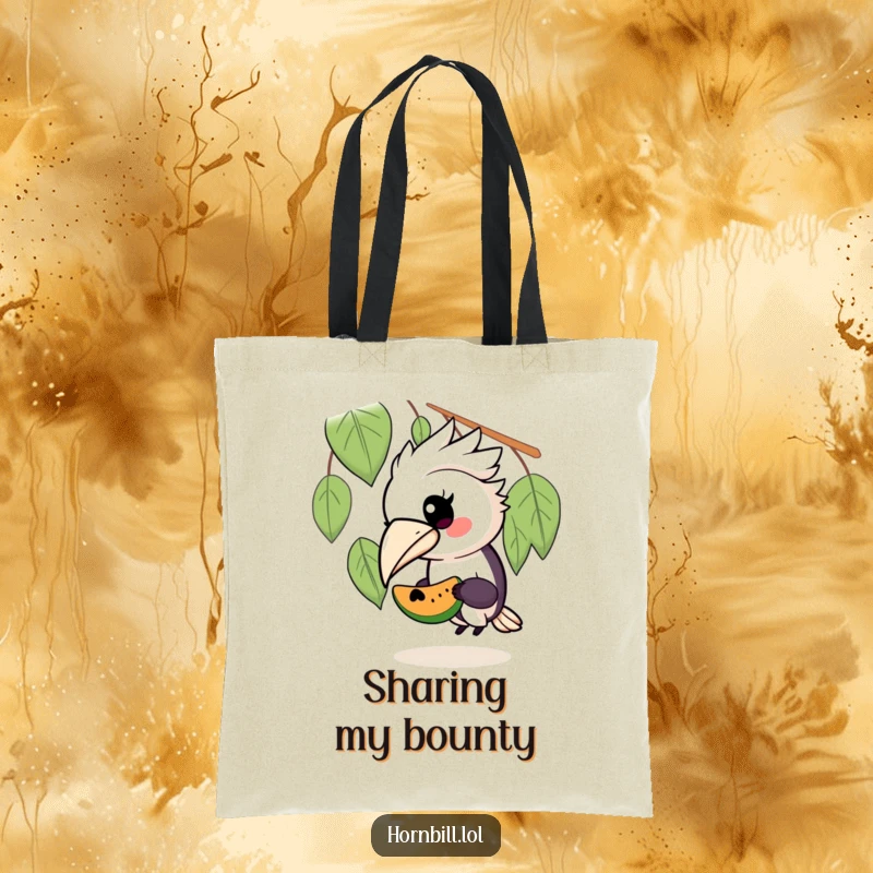Funny tote bag featuring a kawaii hornbill bird generously sharing a piece of fruit with a small, delightful friend, perfect for errands.