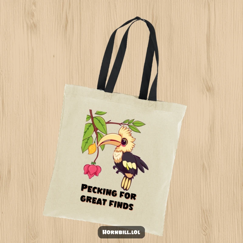 Funny kawaii hornbill tote bag, illustrating a cute bird playfully pecking at a vine, great for stylish storage.
