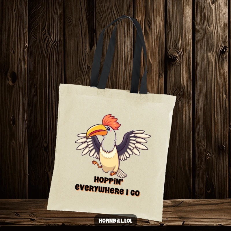 Funny Hornbill Hop Tote Bag: A vibrant tote featuring a bird with wings wide open doing a cheerful little hop, ready for adventure.